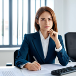 A highly skilled professional female translator in a modest business suit, seated at a sleek, modern workstation in a bright, clean office. On the monitor, a complex legal document is visible, with advanced translation software interfaces subtly displayed on the screen. The setting emphasizes expertise and technological integration. safe for work, appropriate content, fully clothed, professional, perfect anatomy, correct proportions, natural pose, well-formed hands, proper finger count, natural body proportions, high-quality photograph, sharp focus, professional lighting.