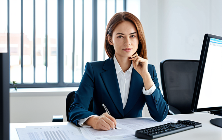 A highly skilled professional female translator in a modest business suit, seated at a sleek, modern workstation in a bright, clean office. On the monitor, a complex legal document is visible, with advanced translation software interfaces subtly displayed on the screen. The setting emphasizes expertise and technological integration. safe for work, appropriate content, fully clothed, professional, perfect anatomy, correct proportions, natural pose, well-formed hands, proper finger count, natural body proportions, high-quality photograph, sharp focus, professional lighting.
