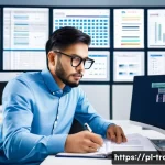 CAT Tool 사용법과 활용 사례 - A professional translator working in a modern, bright office with multiple computer monitors display...