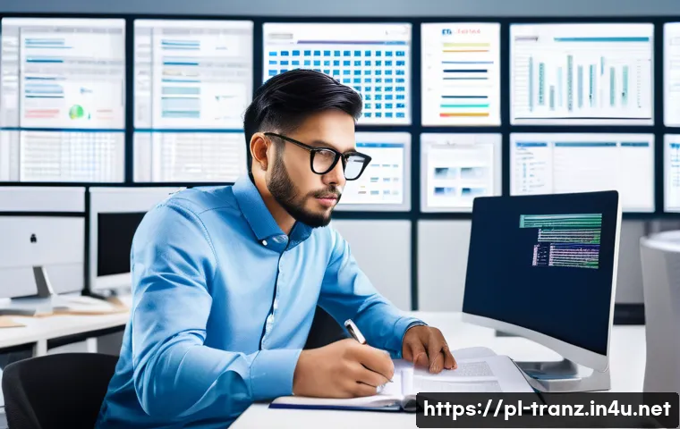 CAT Tool 사용법과 활용 사례 - A professional translator working in a modern, bright office with multiple computer monitors display...