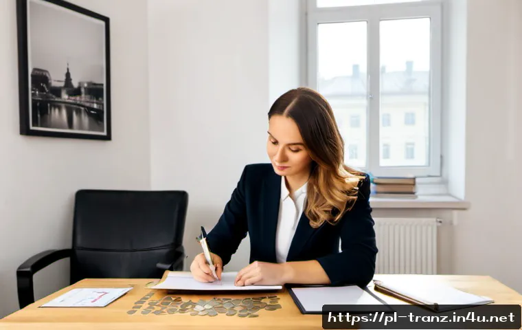 Home 17 번역사 자격증 종류와 취득 방법 - Photorealistic Polish freelance translator in a bright Warsaw home office, professionally dressed ad...