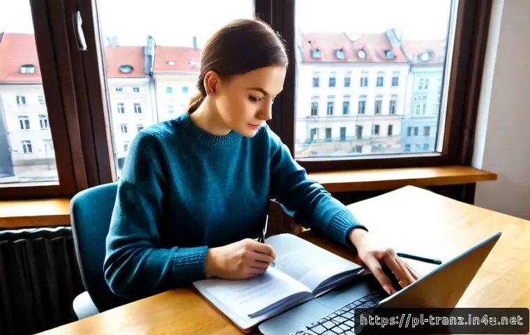 Home 17 번역사로서의 자아 정체성 확립 - Photorealistic Polish freelance translator in a bright Warsaw apartment workspace, thoughtful adult ...